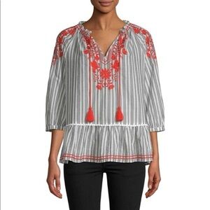 Kate Spade Embroidered Stripe Cotton Peasant Blouse Size XS Black White Red